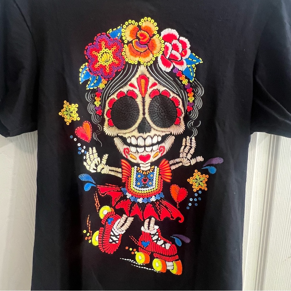 Sugar Skull Skater Catrina Day of the Dead Dia de los Muertos Womens Tee Size M